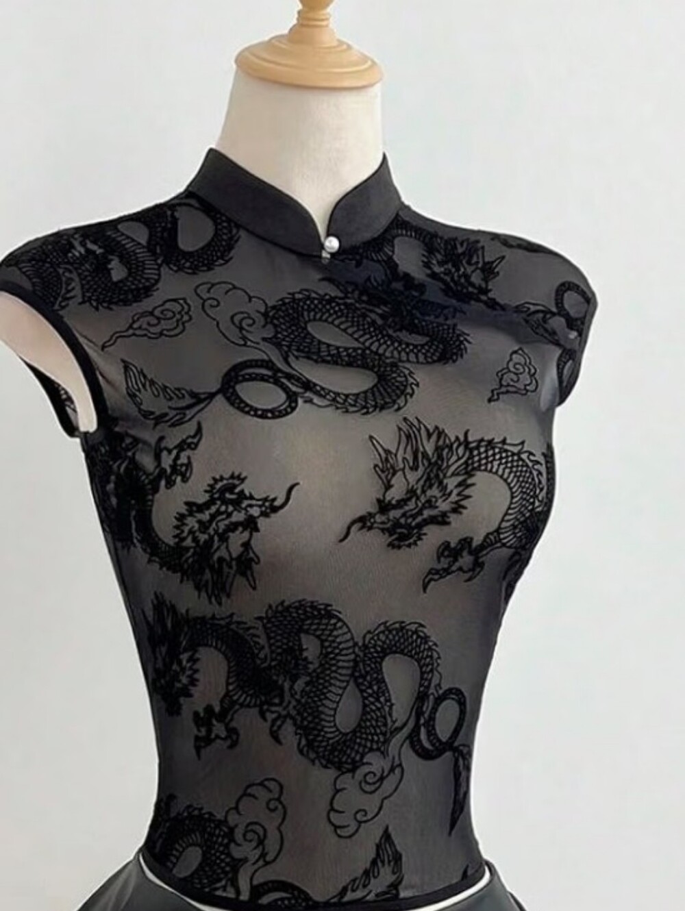 Sheer Black Dragon Lace Mandarin Collar Top